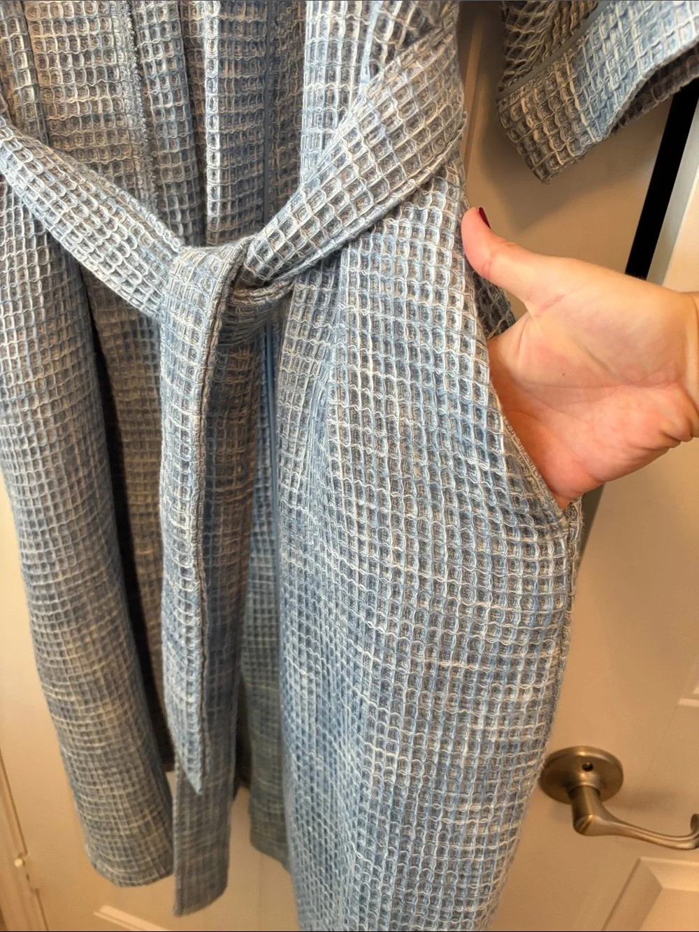 Waffle Weave Light Blue Kimono Robe with Belt - Unbranded